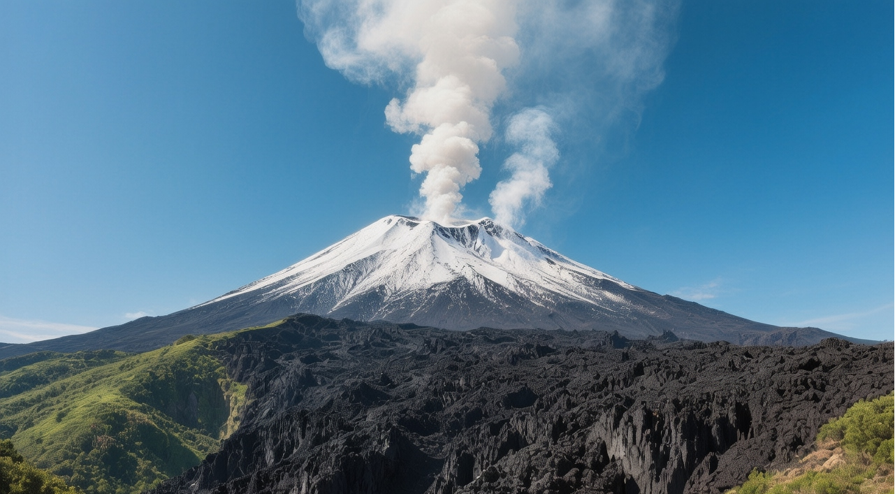Mount Etna's snow-capped summit with plumes of volcanic smoke against a clear blue sky, surrounded by black lava fields and green slopes at mid-morning