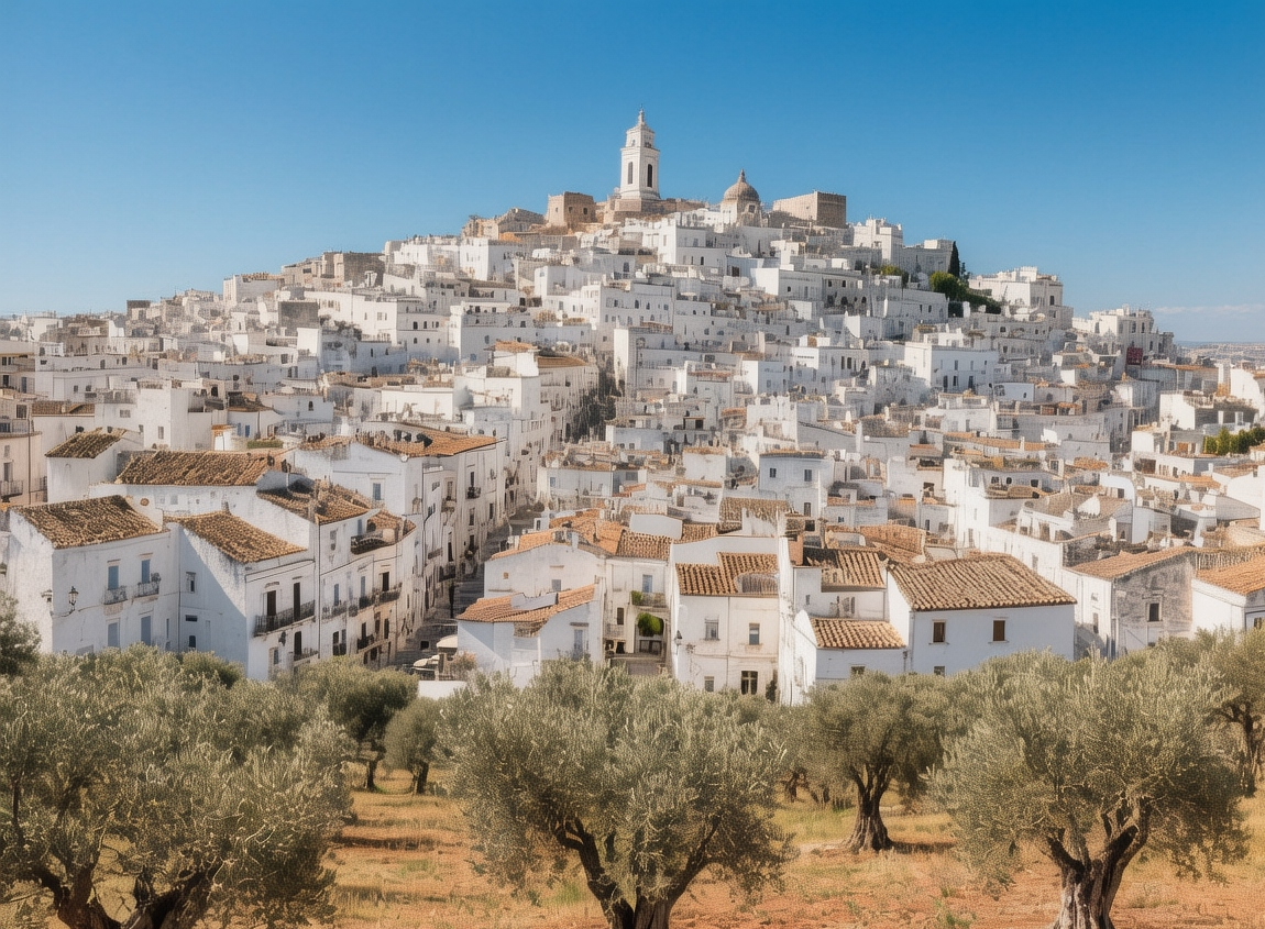 Sun-drenched white city of Ostuni cascading down a hill in Puglia, Italy, with terracotta roofs and olive groves under a clear blue sky at mid-morning
