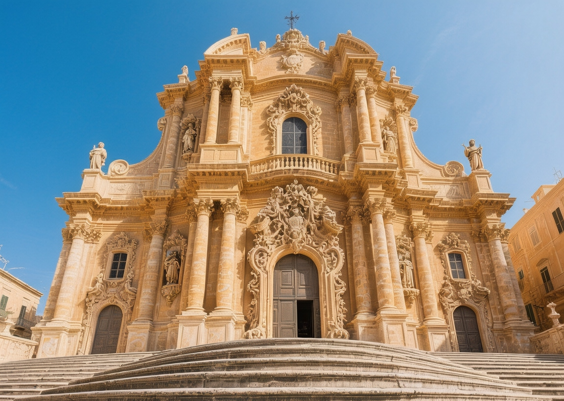 Sun-drenched Baroque Church of San Matteo in Scicli, with dramatic staircase and golden limestone facade under a clear blue sky at mid-morning