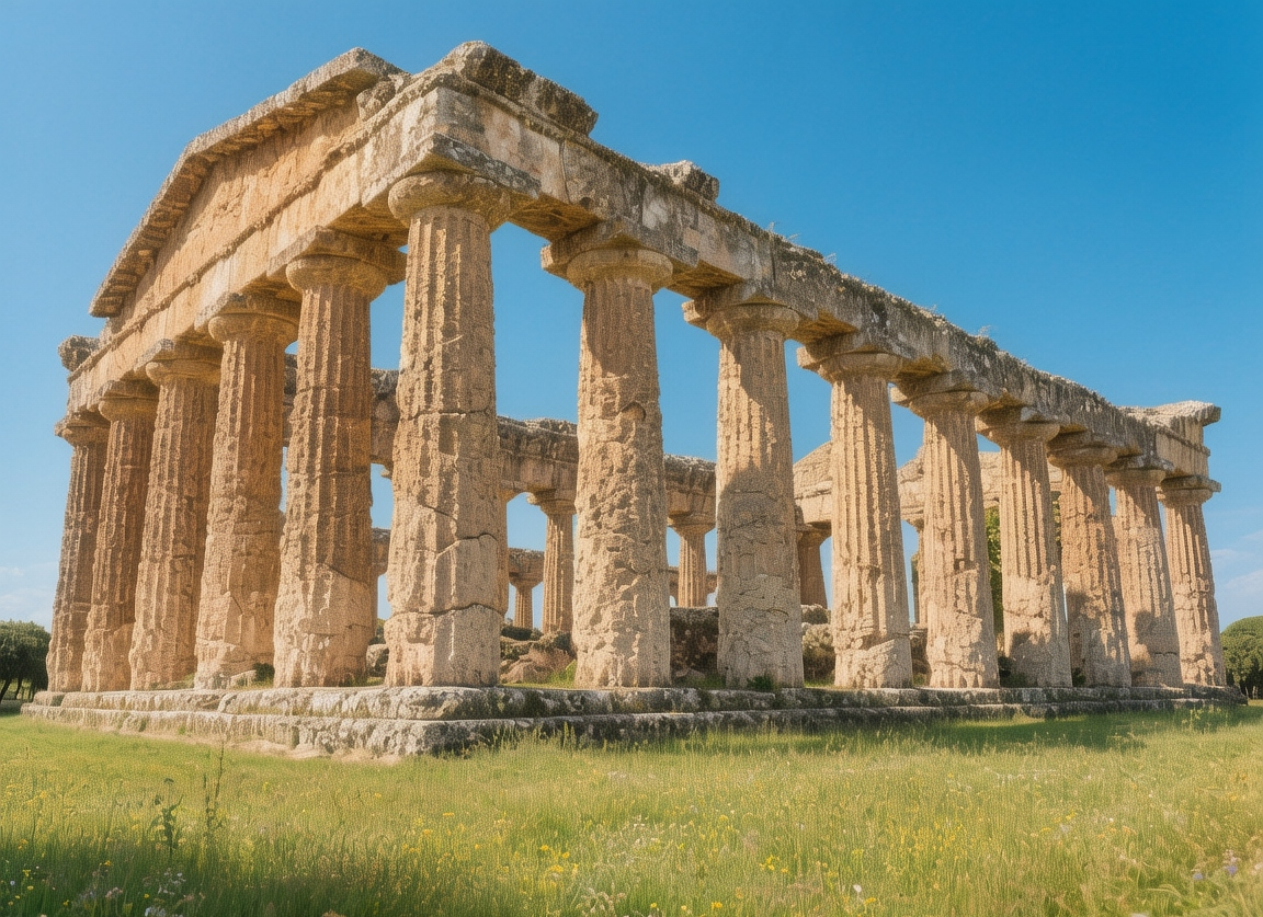 Sun-drenched Doric temples of Paestum standing in a green meadow, with dramatic columns and clear blue sky at mid-morning
