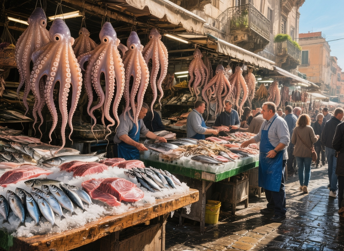 Vibrant Catania fish market with colorful seafood stalls, hanging octopus, and bustling crowds under a clear morning sky