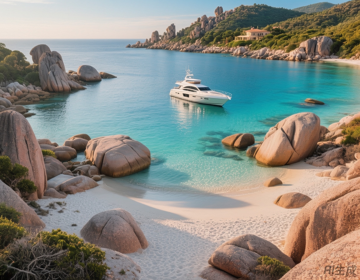 Turquoise waters and white sand of Costa Smeralda beach, with dramatic granite rocks and luxury yachts under a clear mid-morning sky in Sardinia