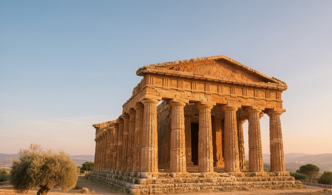 Sun-drenched Temple of Concordia in Agrigento's Valley of the Temples, with dramatic Doric columns and golden Sicilian light at mid-morning