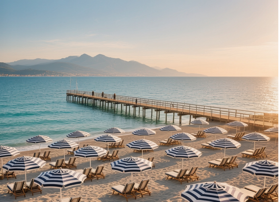 Sun-drenched Forte dei Marmi beach with orderly rows of striped umbrellas, turquoise Tyrrhenian Sea, and pine trees at mid-morning