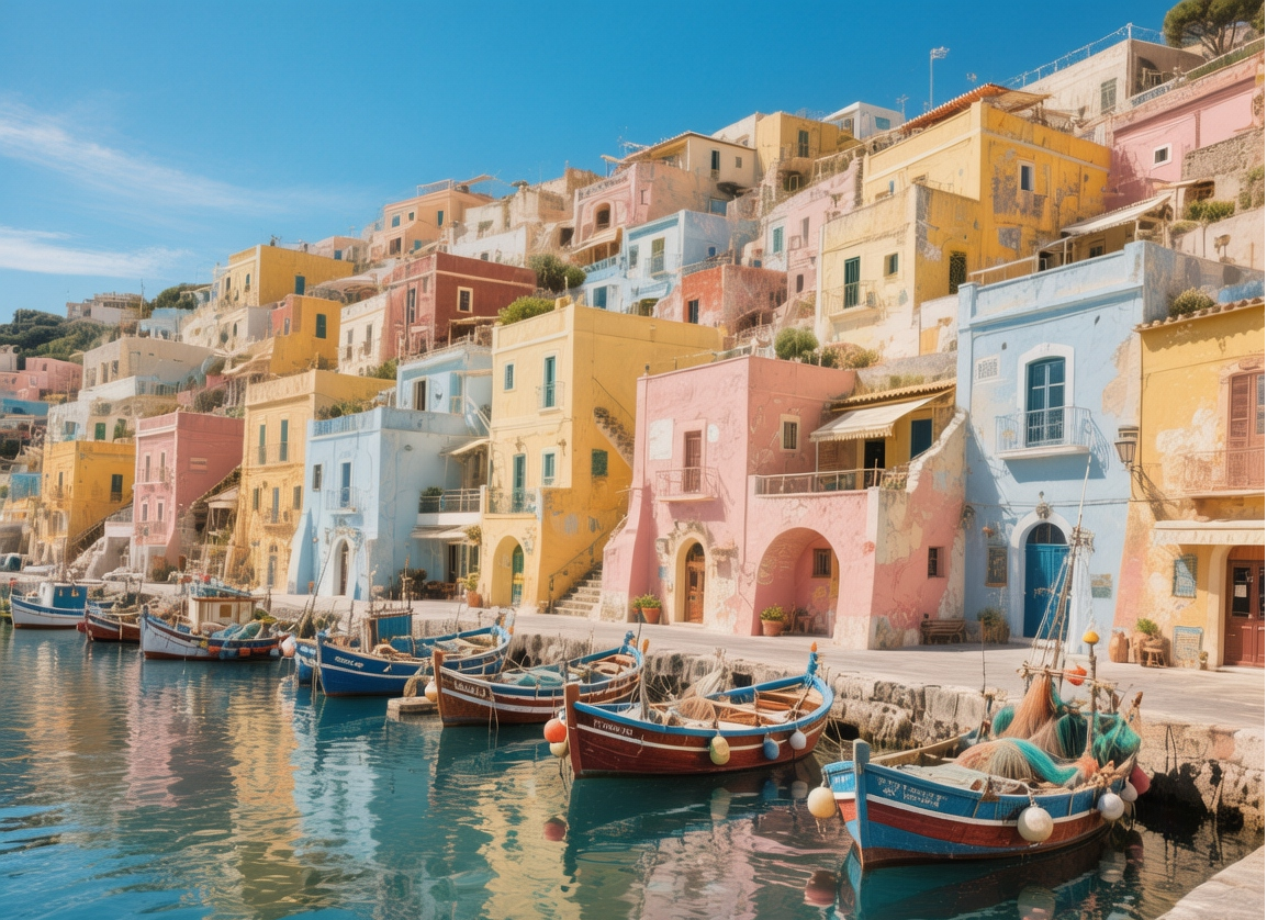 Sun-drenched Marina Corricella in Procida, with colorful fishing houses cascading down to a small harbor filled with bobbing boats under a clear blue sky at mid-morning