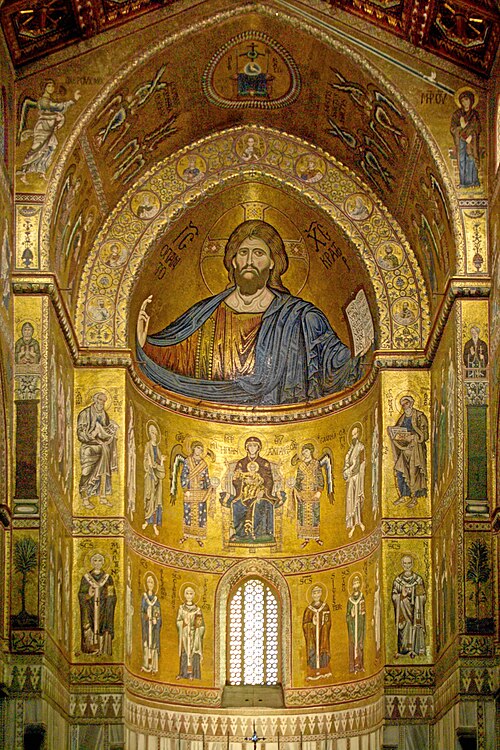 Golden Byzantine mosaics of Christ Pantocrator in Monreale Cathedral, with intricate details and warm light at mid-morning