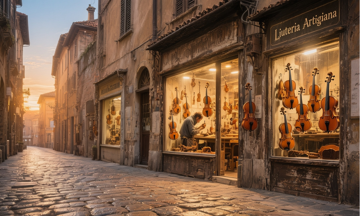 Cremona violin shops at golden hour, artisan workshops glowing with warm light on cobblestone Stradivari Street
