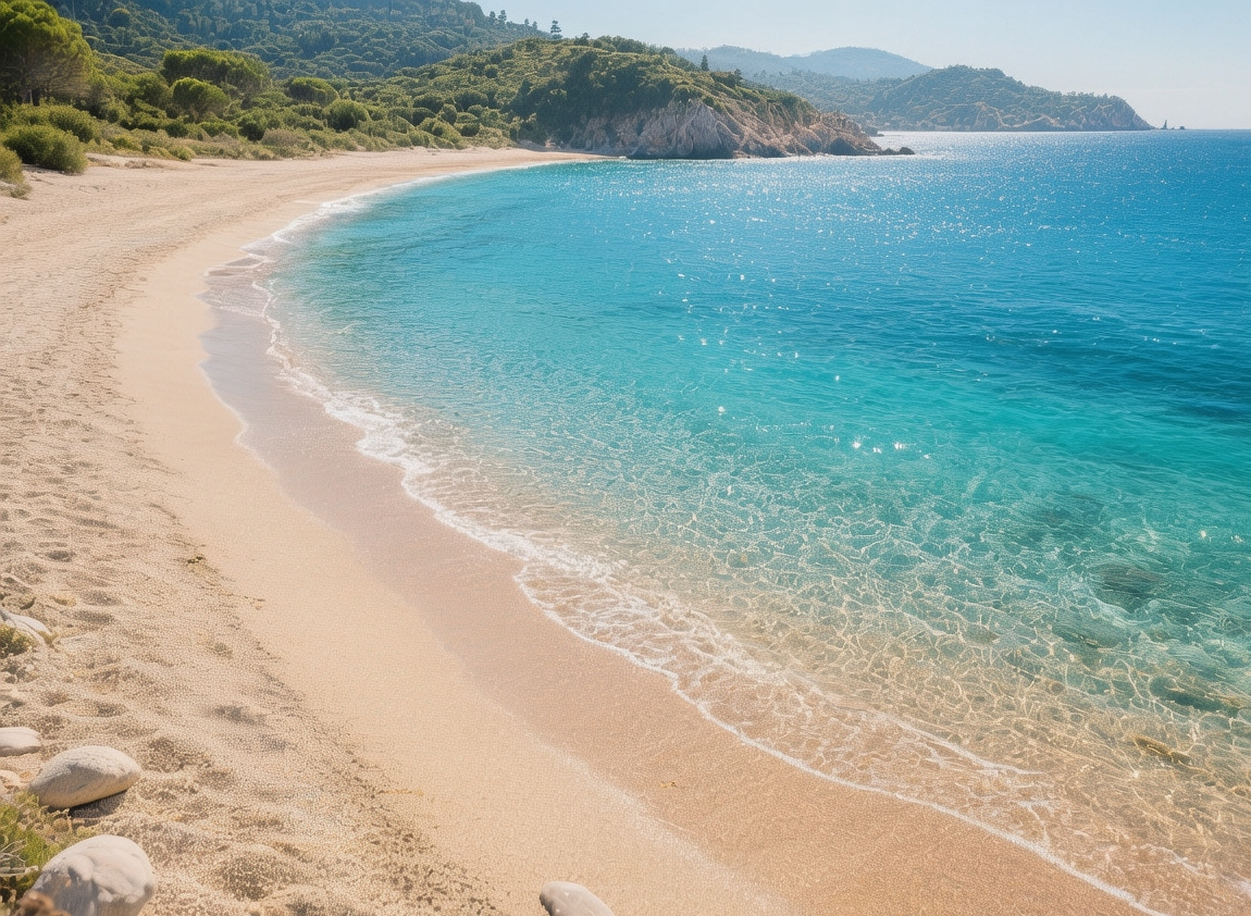 Turquoise waters and white pebbles at Sansone Beach on Elba Island, with dramatic granite cliffs and pine trees under a clear mid-morning sky