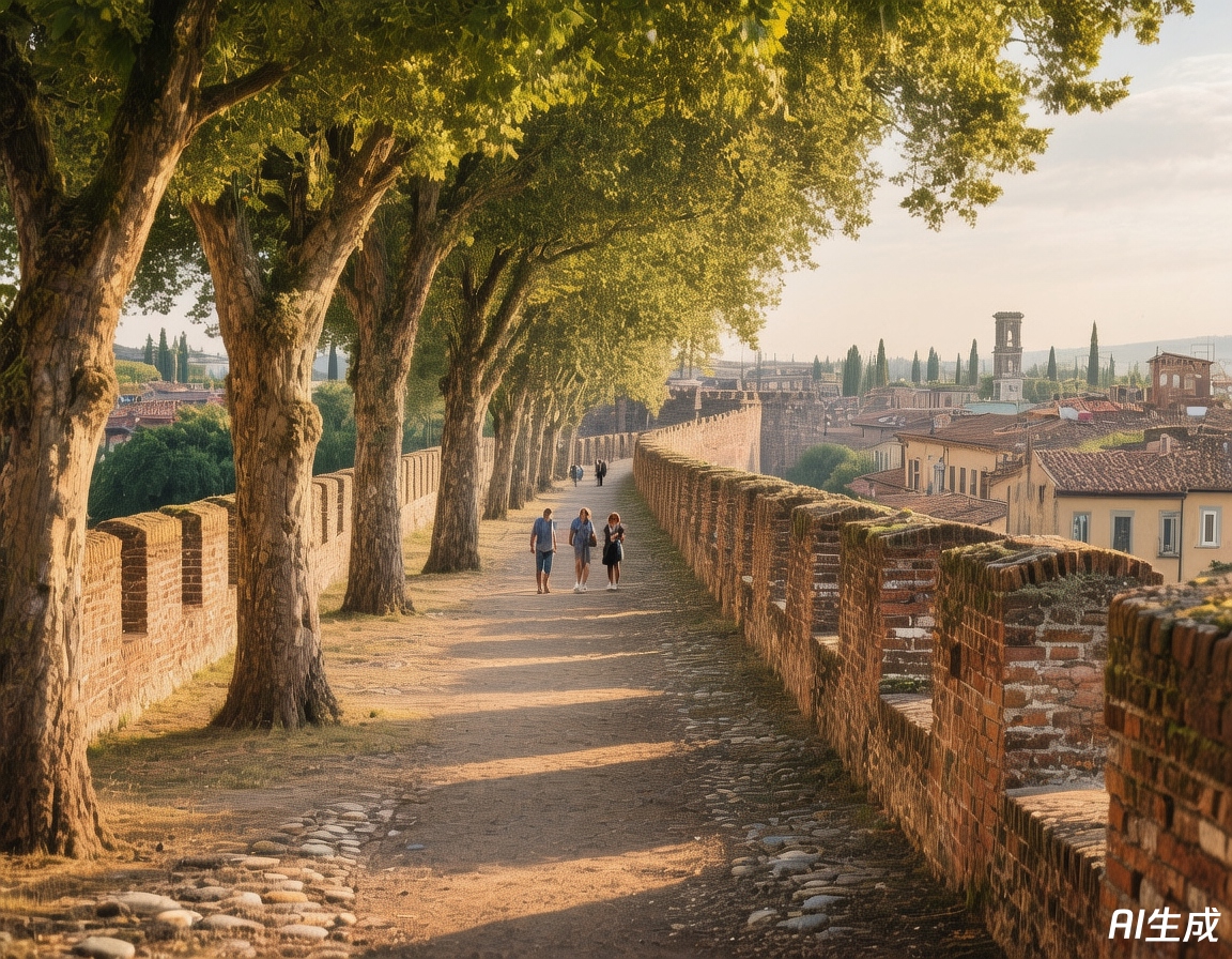 Lucca city walls at golden hour, tree-lined ramparts glowing under soft sunset light with cyclists and walkers enjoying the panoramic path