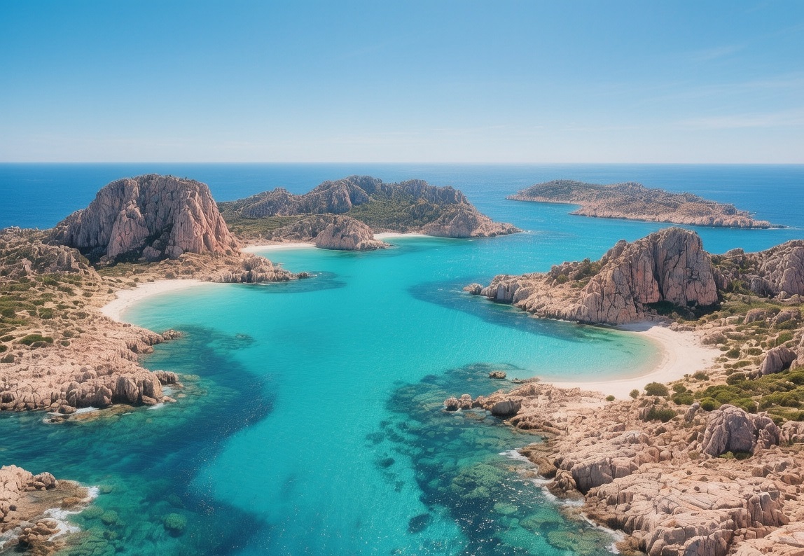 Aerial view of La Maddalena archipelago with turquoise waters, white sandy beaches, and granite islands under a clear mid-morning sky in Sardinia