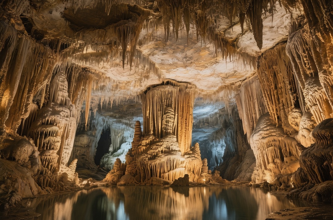 Neptune's Grotto interior with dramatic stalactites, turquoise water, and natural skylight under a clear midday sky in Sardinia