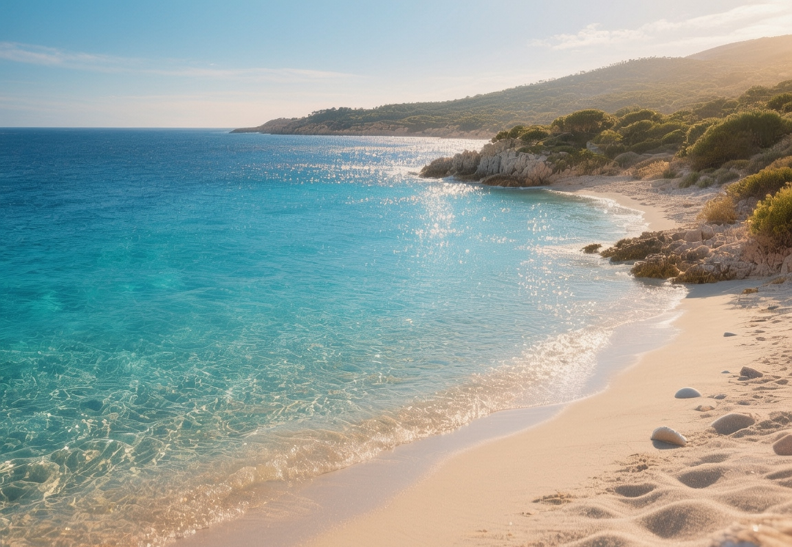 Turquoise waters of Simius Beach in Villasimius meeting powdery white sand under clear Sardinian sky at mid-morning