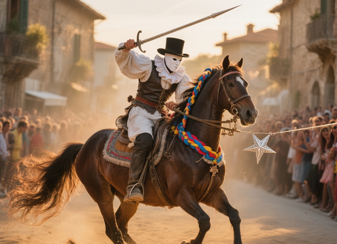 Masked horseman in traditional Sartiglia costume spearing a star during Oristano's Carnival festival at golden hour, Sardinia