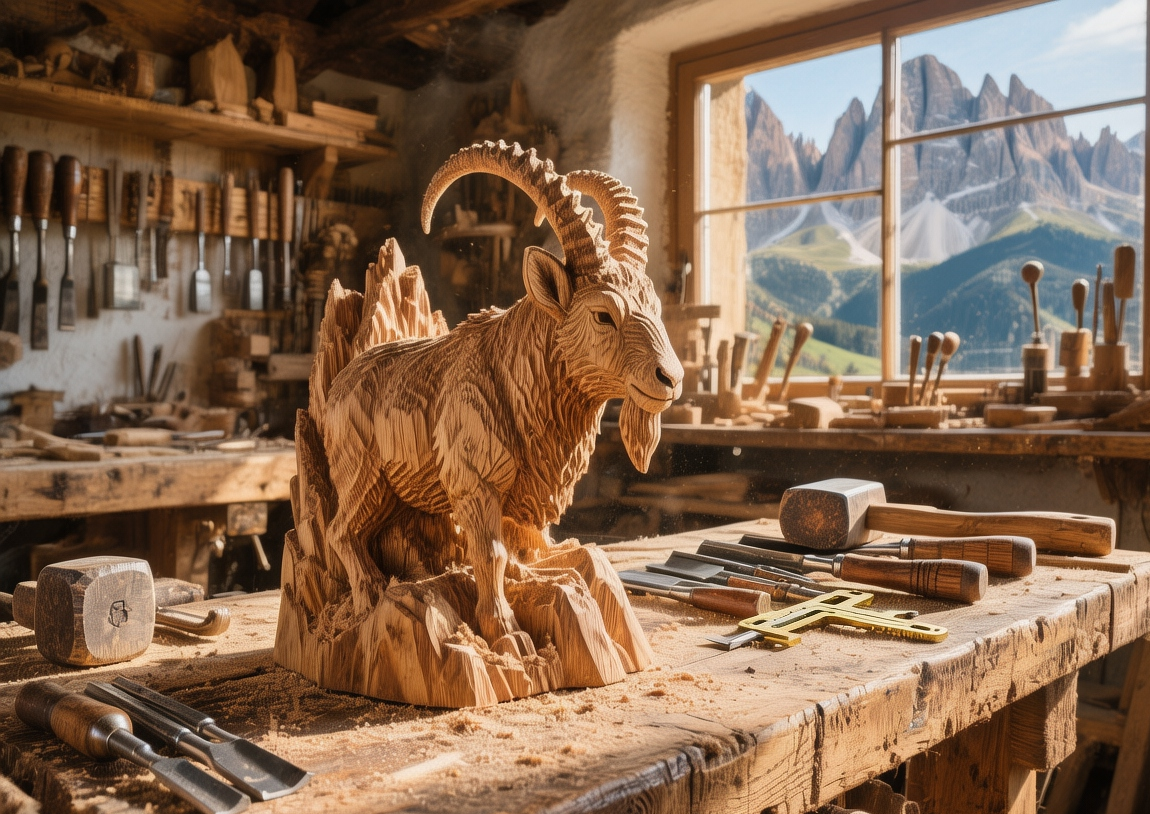 Sunlight illuminating intricate Ladin wood carvings in Ortisei workshop, South Tyrol, with artisan tools and alpine backdrop at mid-morning