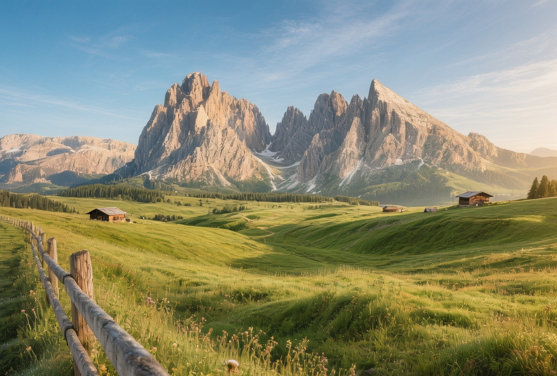 Sunrise over Alpe di Siusi meadows in South Tyrol, golden light illuminating wildflower-covered alpine plateau with Dolomite peaks in background at dawn