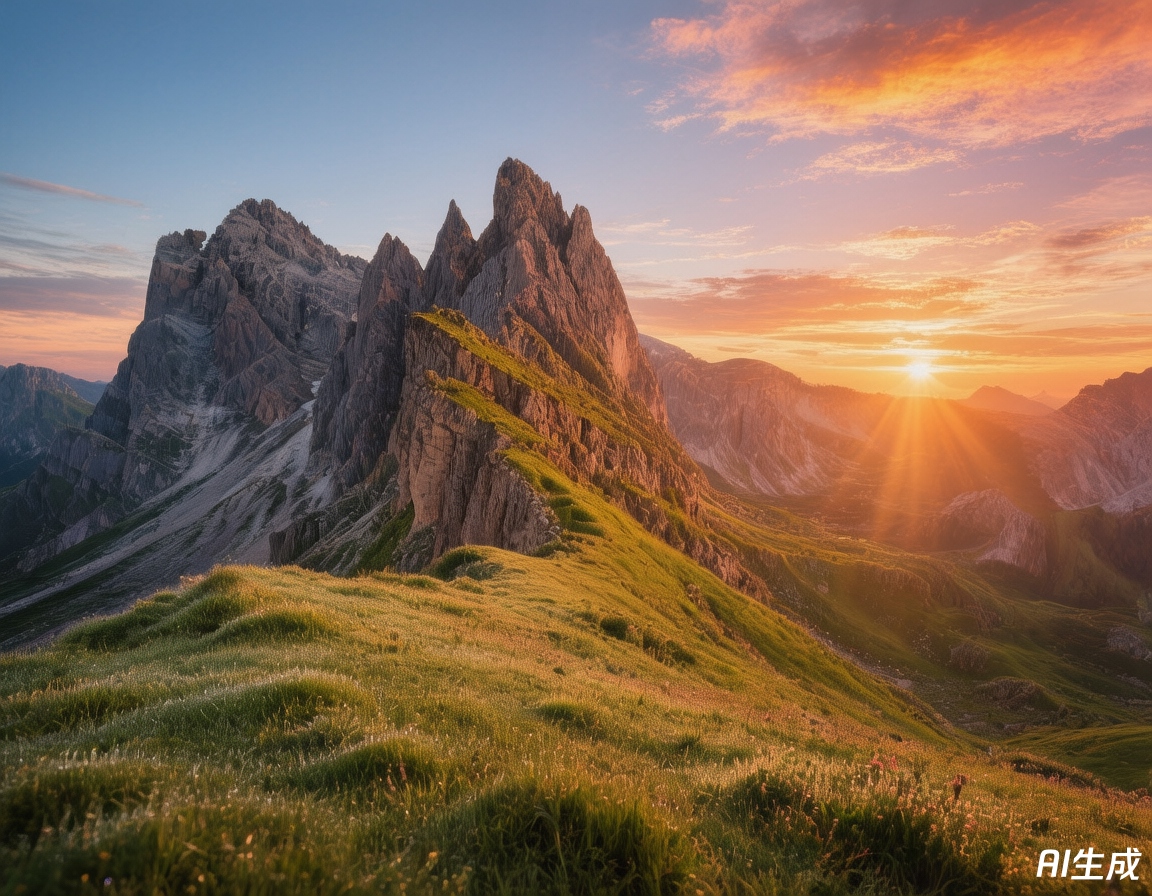 Sunrise over Seceda mountain ridge in South Tyrol, golden light illuminating dramatic Dolomite peaks and alpine meadows at dawn