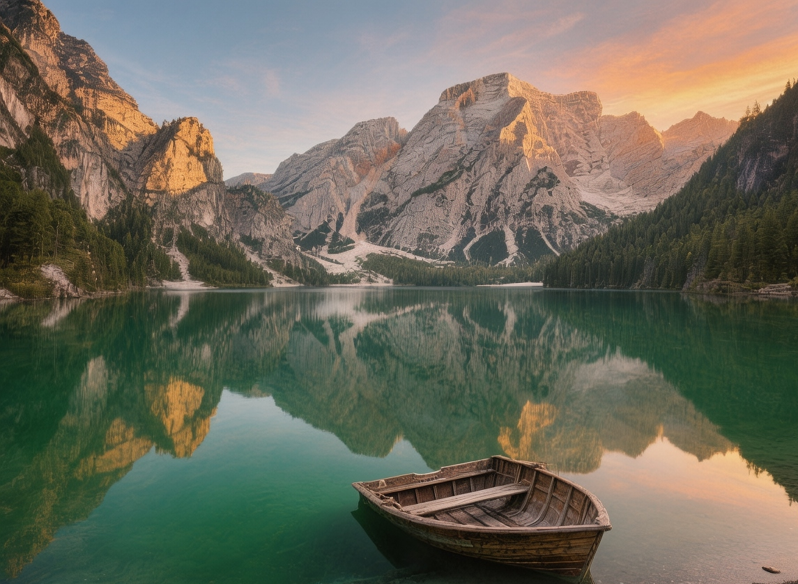 Sunrise over Lago di Braies in South Tyrol, golden light illuminating emerald-green alpine lake with dramatic Dolomite peaks at dawn