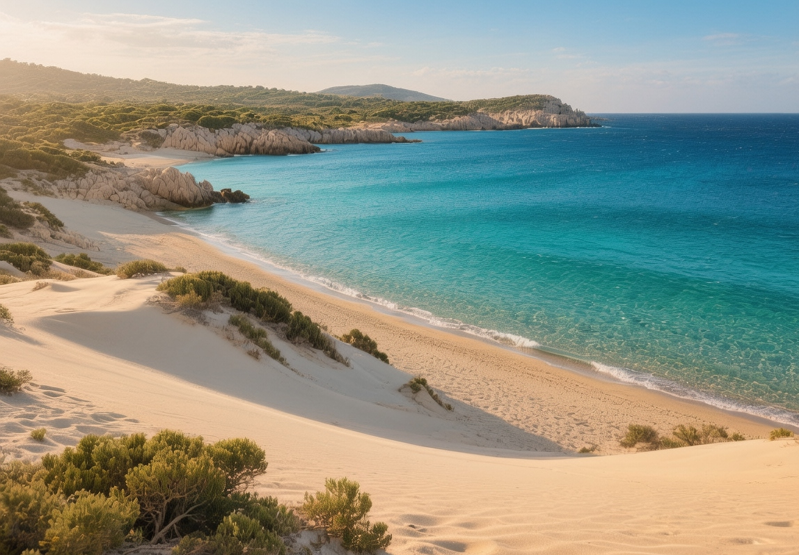 Turquoise waters of Su Giudeu beach in Chia meeting powdery white sand with pink granite outcrops under Sardinian mid-morning sun
