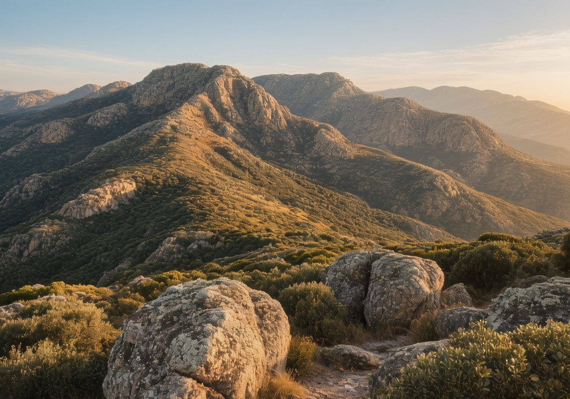 Sunrise over Gennargentu mountains in Sardinia, golden light illuminating limestone peaks and alpine meadows at dawn