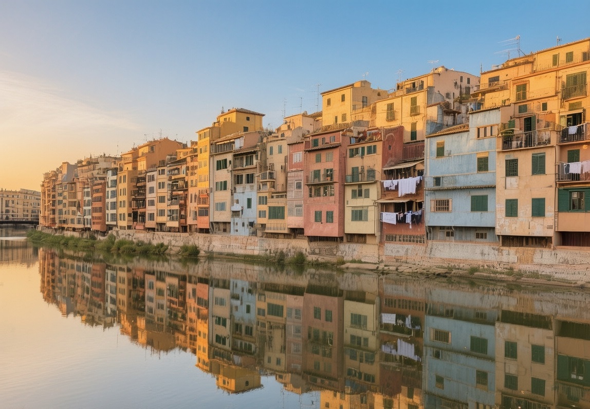 Colorful riverside buildings of Bosa reflected in the Temo River at golden hour, Sardinia, with pastel facades and laundry lines under clear sky