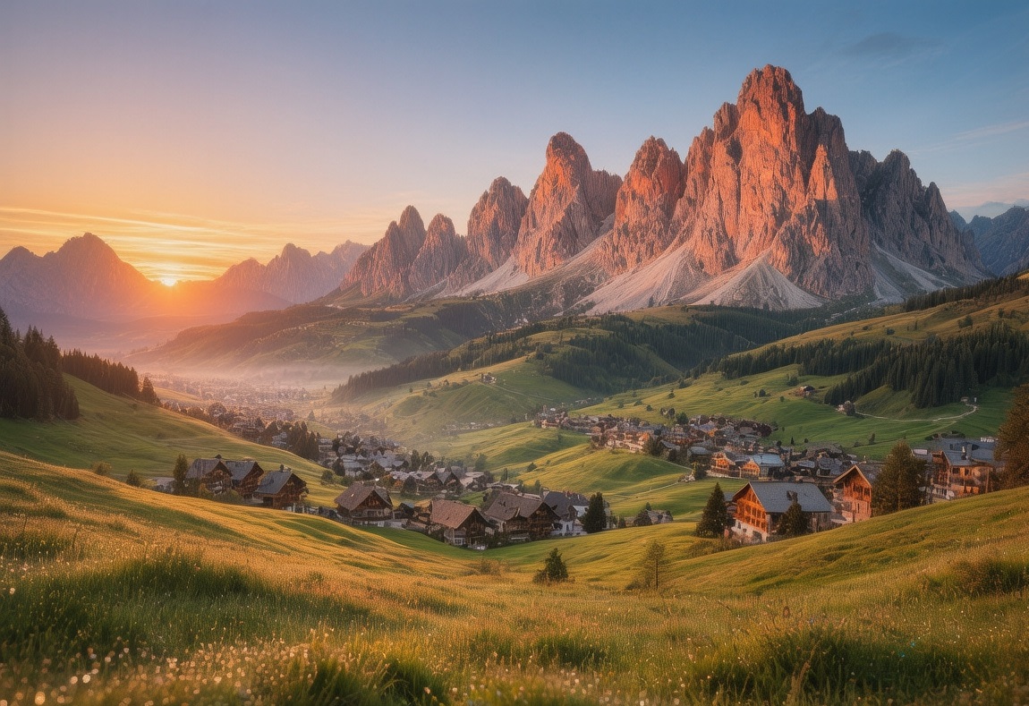 Sunrise over Val di Fassa valleys in Trentino, golden light illuminating alpine meadows with traditional Ladin villages and Dolomite peaks at dawn