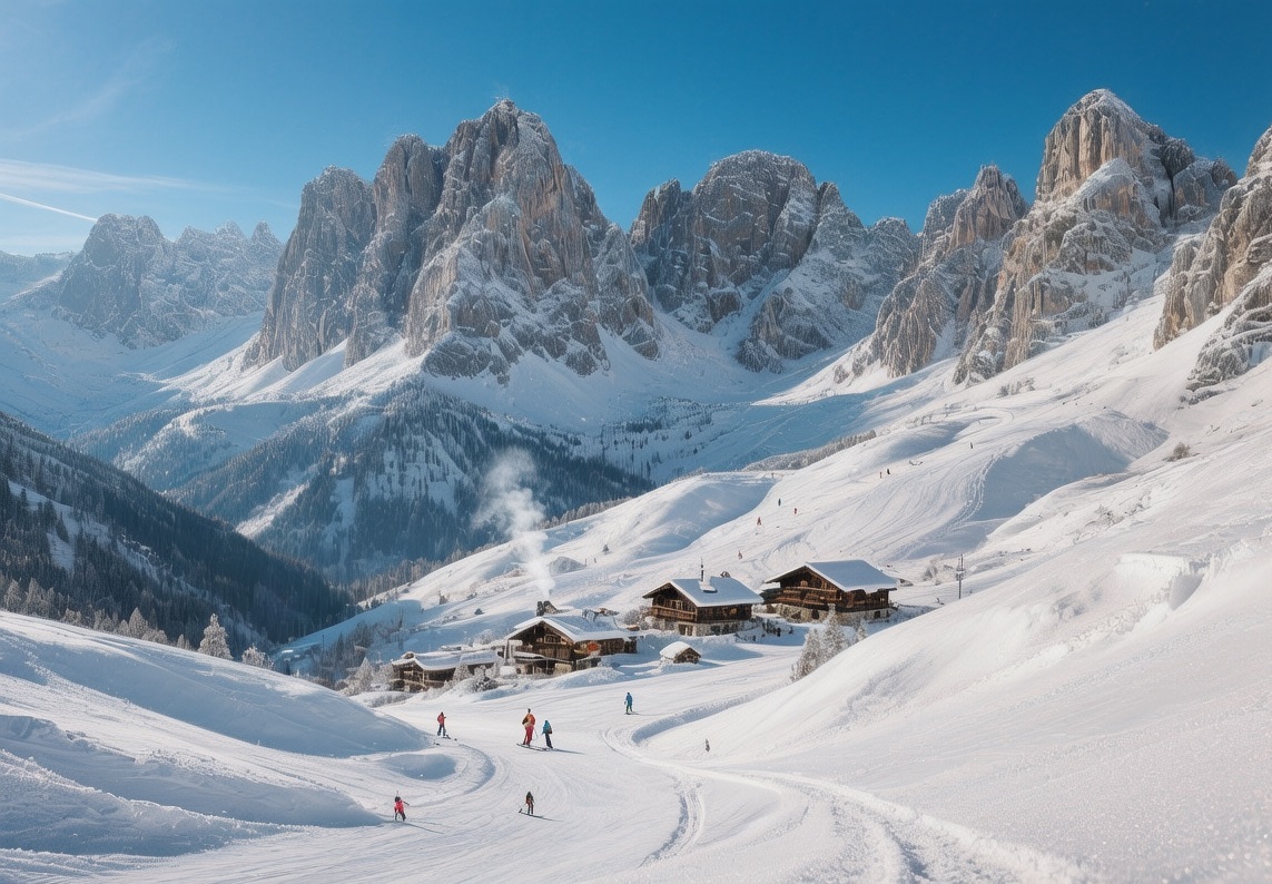 Sunrise over Cortina d'Ampezzo ski resort in the Dolomites, golden light illuminating snow-covered peaks and alpine village at dawn