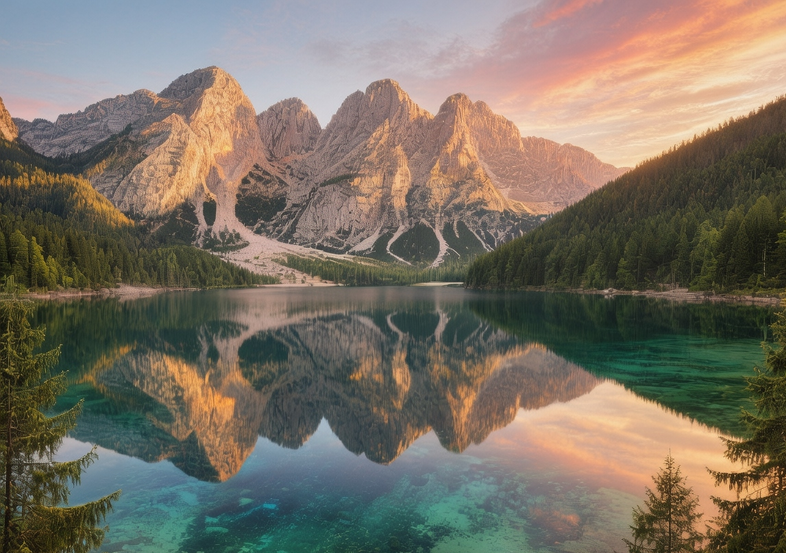 Sunrise over Lago di Carezza in South Tyrol, golden light illuminating rainbow-colored alpine lake with Latemar peaks reflected at dawn