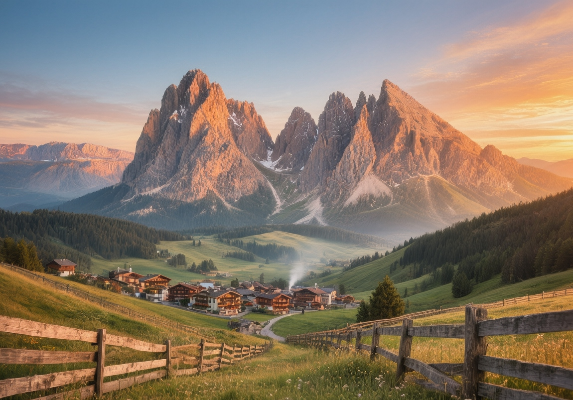 Sunrise over Val Gardena valleys in South Tyrol, golden light illuminating alpine meadows with traditional Ladin villages and Dolomite peaks at dawn