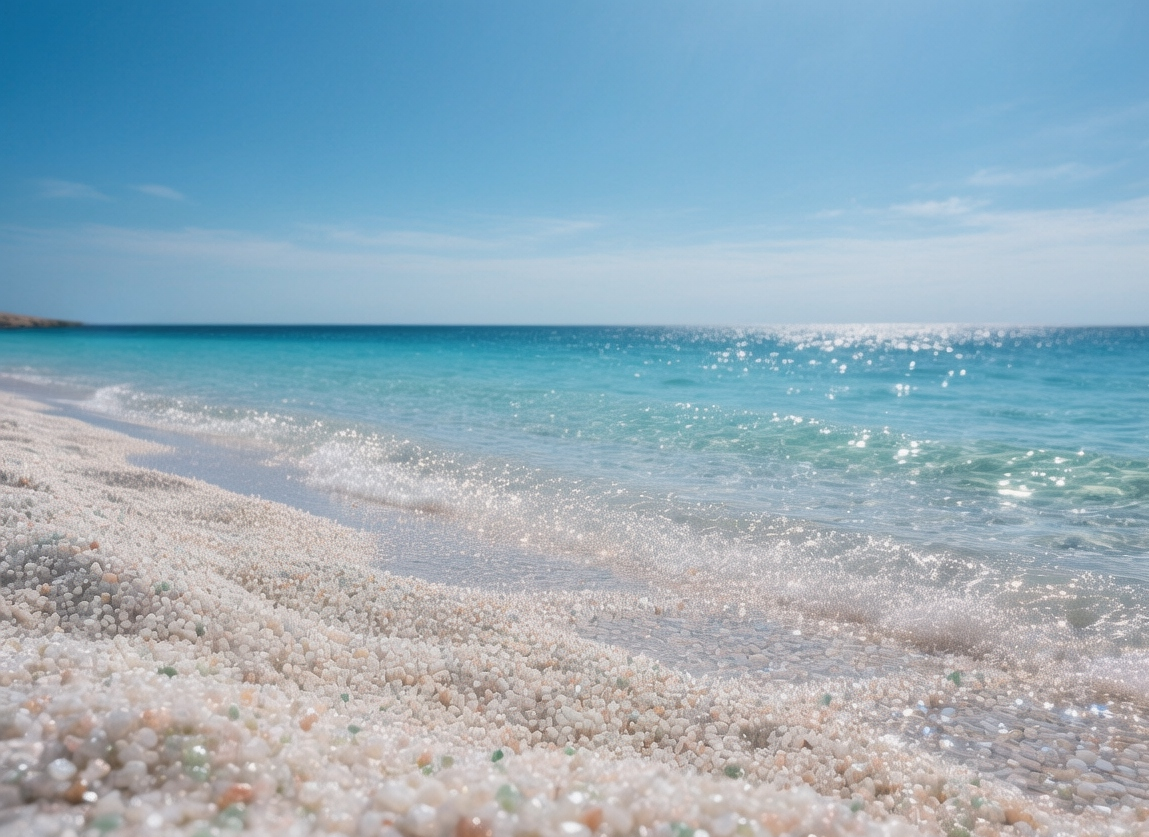 Sunlight glinting off quartz crystals at Is Arutas beach in Sardinia's Sinis Peninsula, creating a shimmering white shoreline at mid-morning