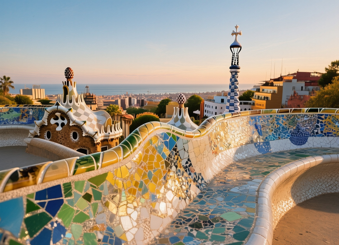 Park Güell's iconic mosaic bench at sunrise with golden light illuminating Gaudí's undulating forms and Mediterranean Sea in background