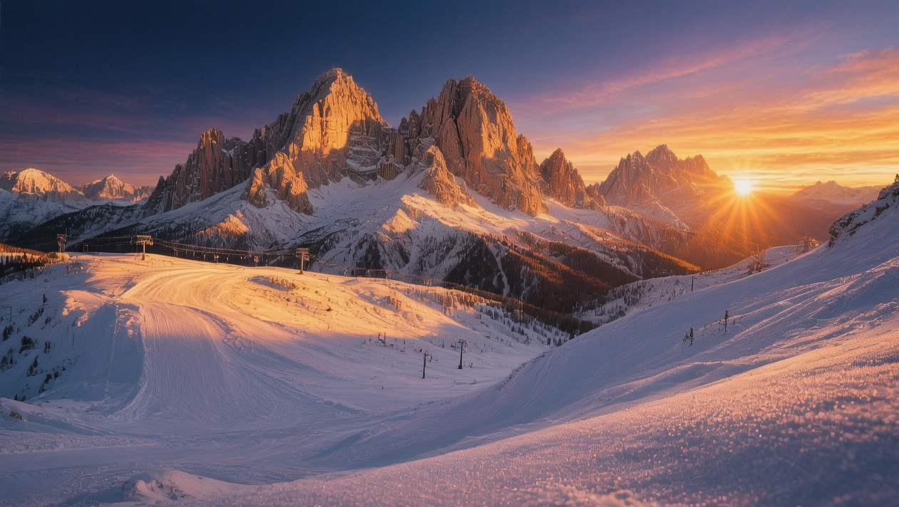 Sunrise over Arabba ski area in the Dolomites, golden light illuminating snow-covered slopes with Marmolada glacier in background at dawn