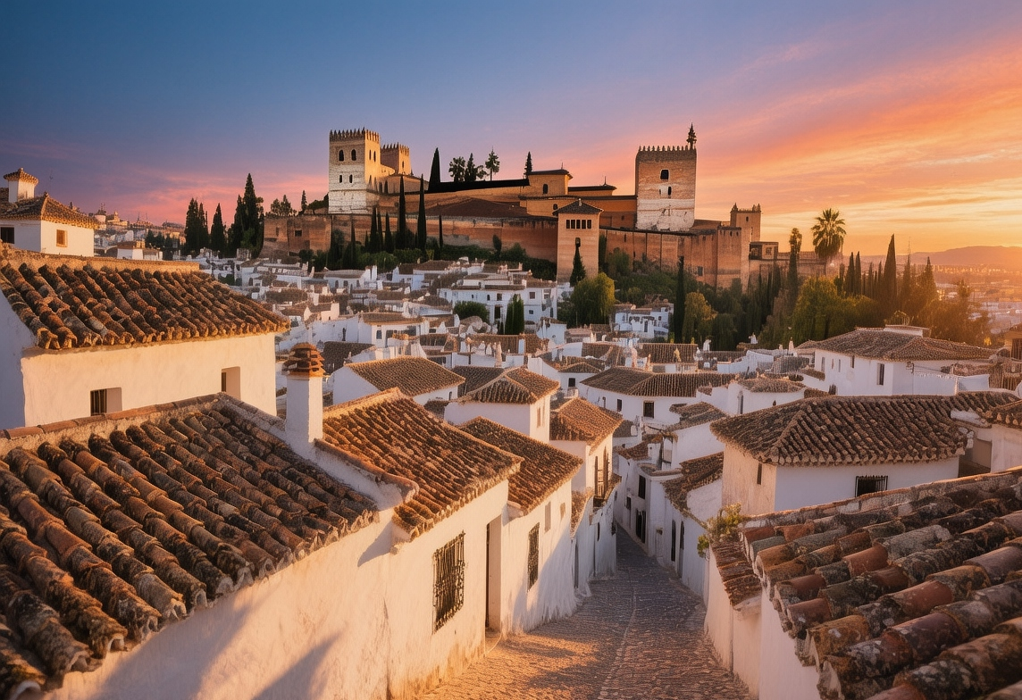 Albaicín quarter whitewashed Moorish streets at sunset with Alhambra Palace views, terracotta rooftops, and narrow cobblestone lanes bathed in golden Andalusian light