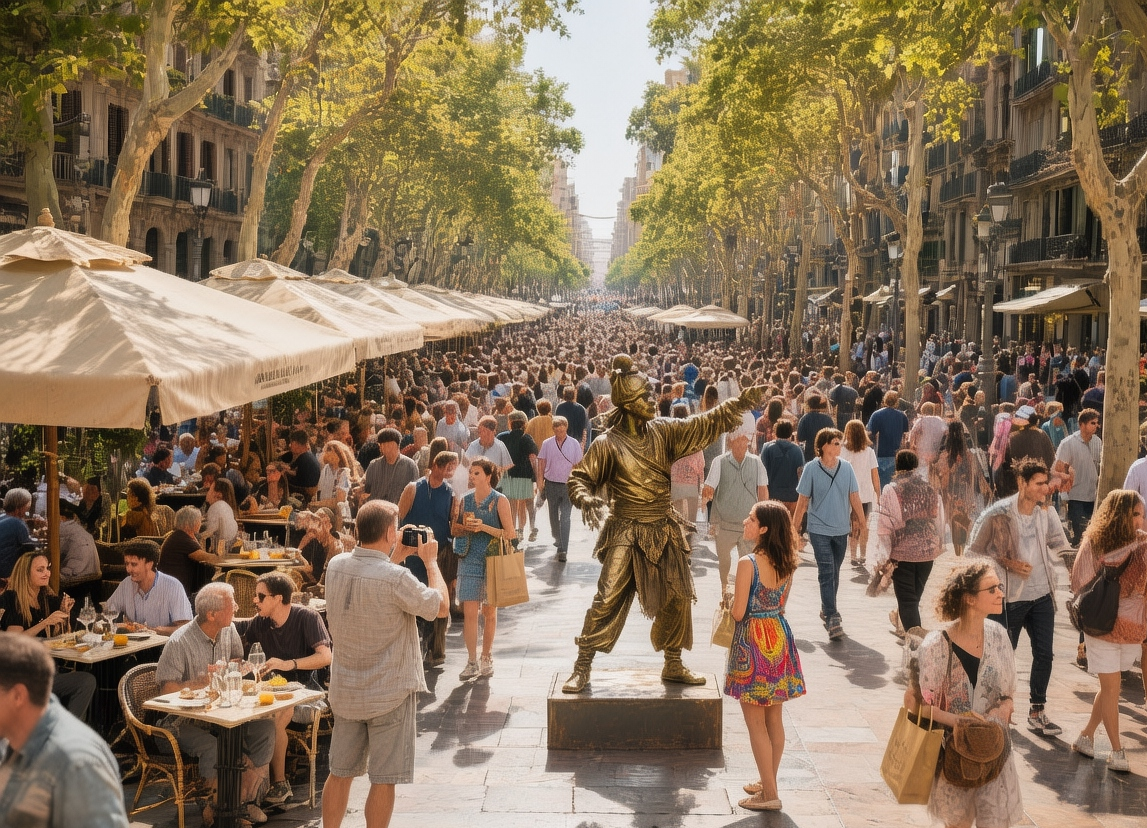 La Rambla in Barcelona at golden hour with plane trees casting long shadows over mosaic pavement and street performers entertaining crowds