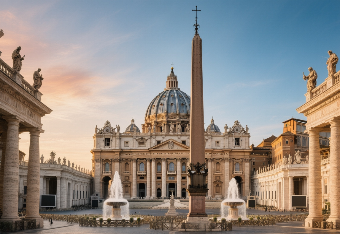Golden hour light illuminating St. Peter's Basilica dome and Bernini's colonnade in Vatican City at sunset