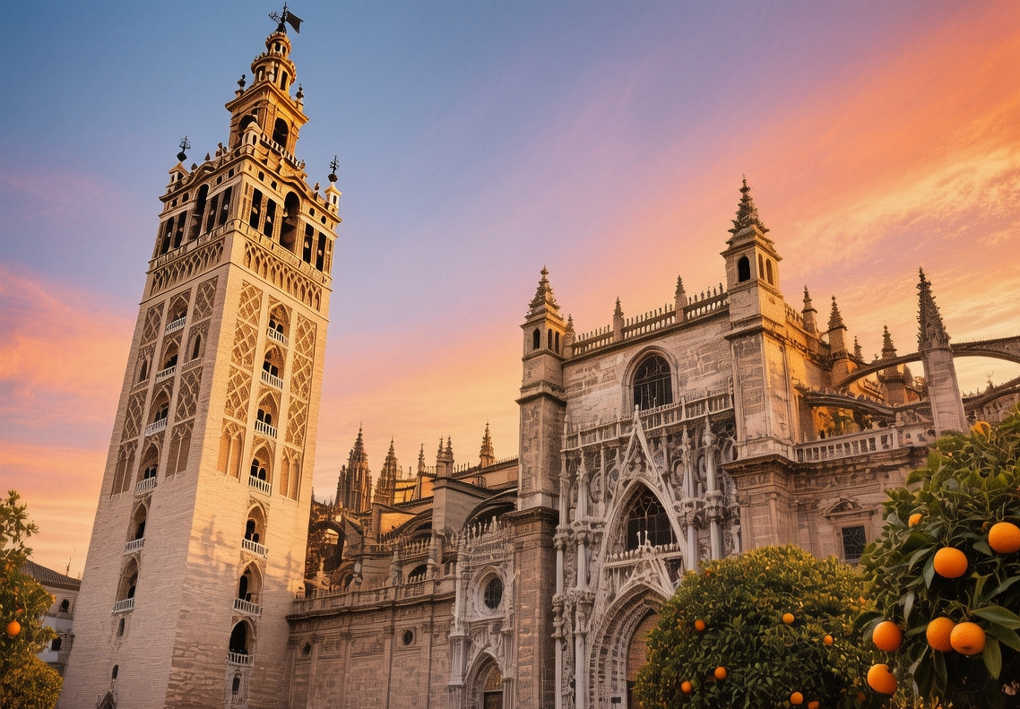 Seville Cathedral Gothic facade and Giralda tower at sunset with orange trees, bell tower, and stone architecture bathed in warm Andalusian light