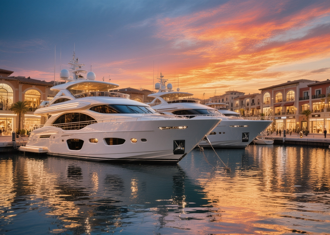 Puerto Banús luxury marina at sunset with superyachts, designer boutiques, and golden Mediterranean light reflecting on water