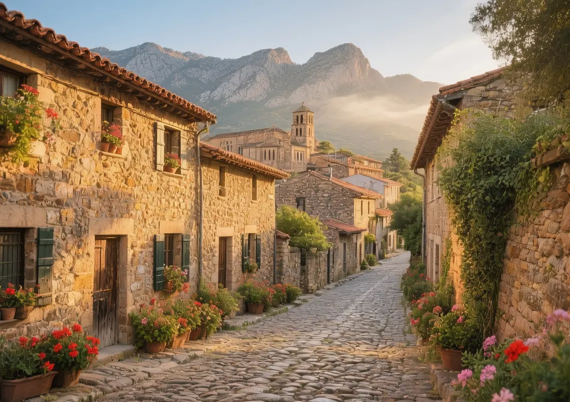Valldemossa village stone streets with monastery and mountains bathed in soft morning light