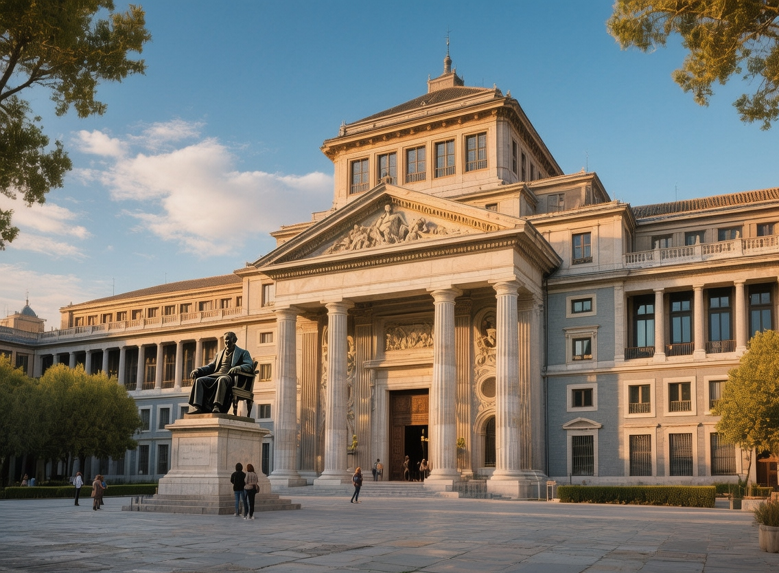 Prado Museum Madrid grand neoclassical hall with paintings, sculptures, and visitors bathed in soft natural light from high windows