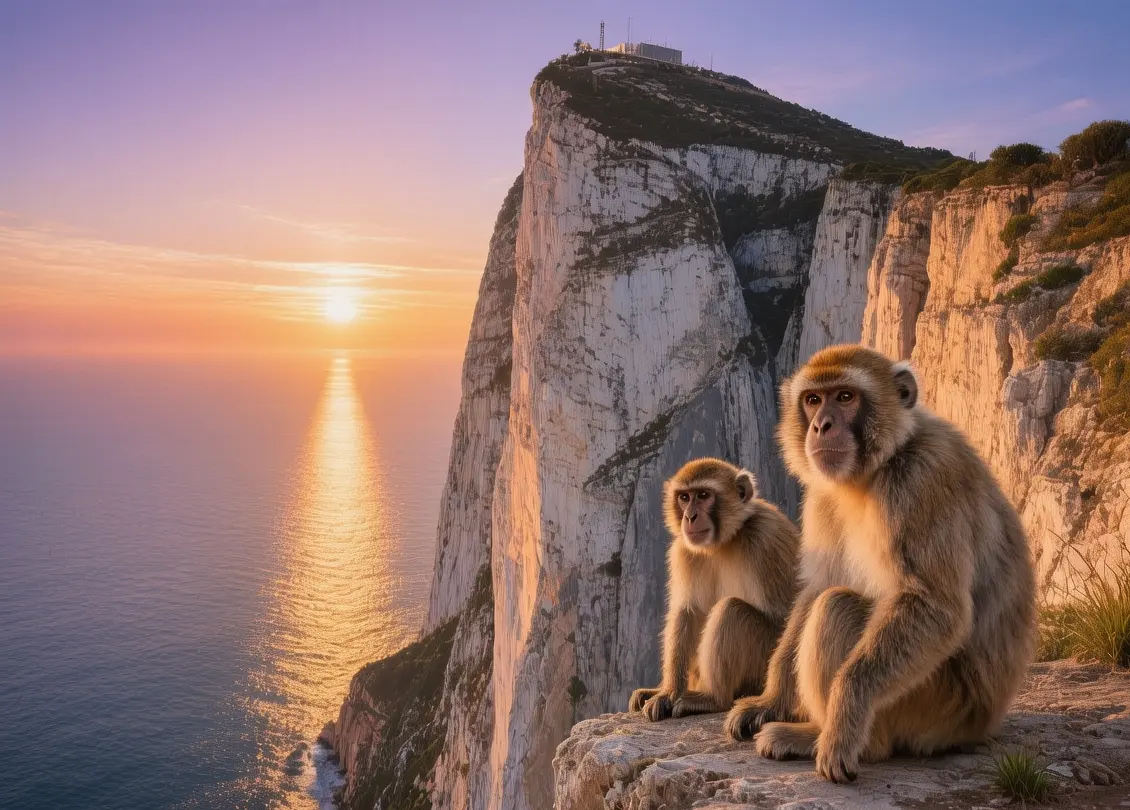 Gibraltar Rock limestone cliffs at sunset with Barbary macaques and Mediterranean Sea views bathed in warm evening light