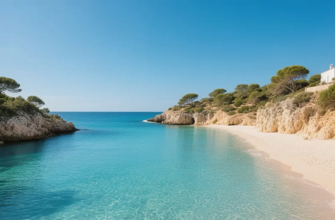 Menorca cala beaches turquoise waters with white sand and pine trees bathed in bright Mediterranean sunlight