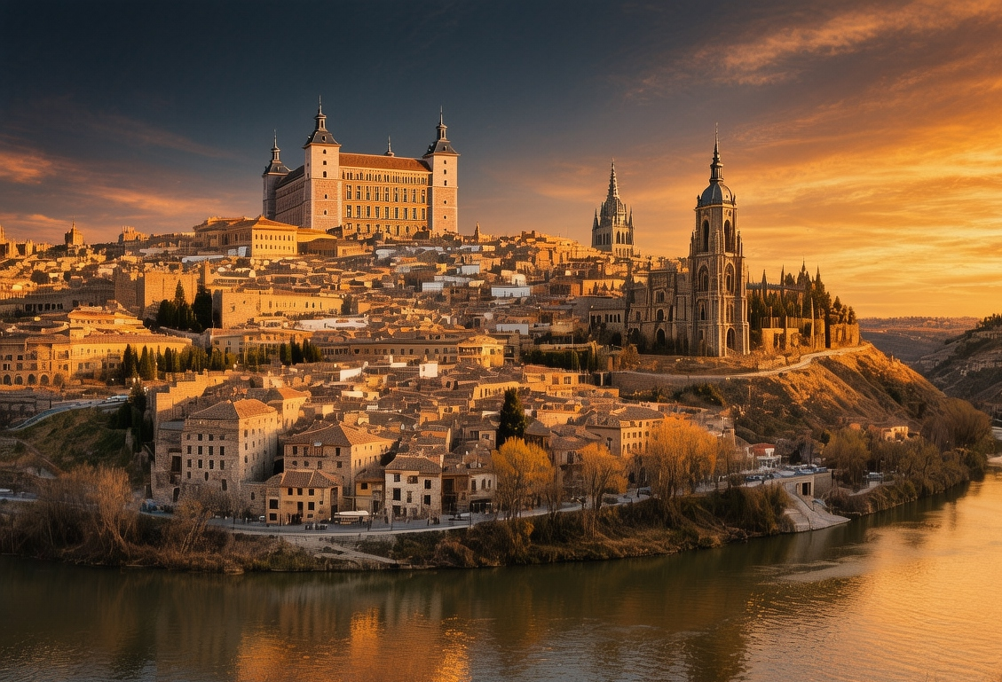 Toledo medieval city skyline at sunset with Alcázar, Cathedral, and Tagus River bathed in golden light