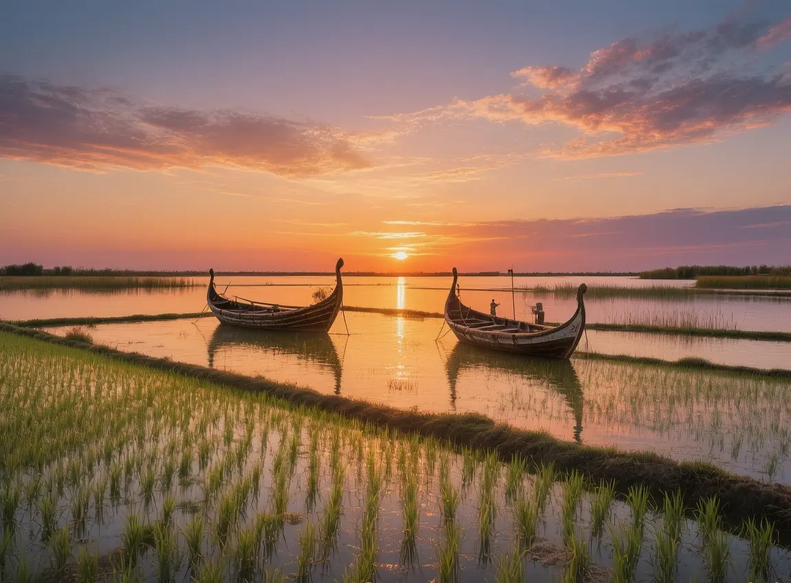 Albufera Natural Park lagoon at sunset with traditional boats and rice fields bathed in golden evening light