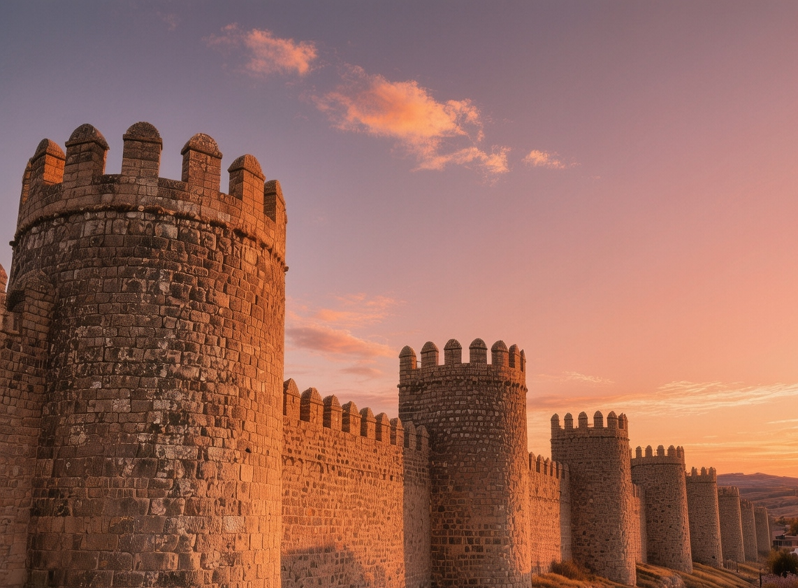 Ávila medieval walls at sunset with granite stone towers and battlements bathed in warm Castilian evening light