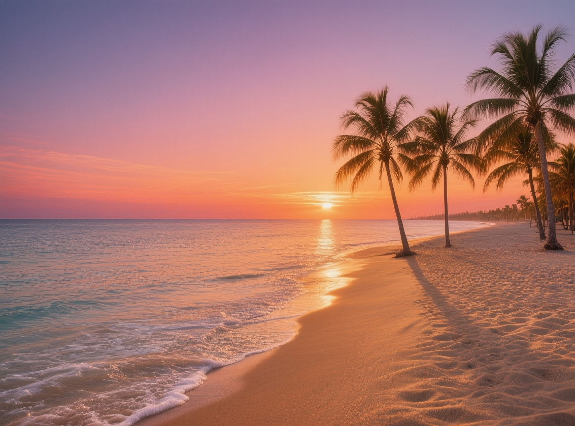 Costa del Sol beach at sunset with turquoise Mediterranean waters, golden sand, and palm trees bathed in warm Andalusian evening light