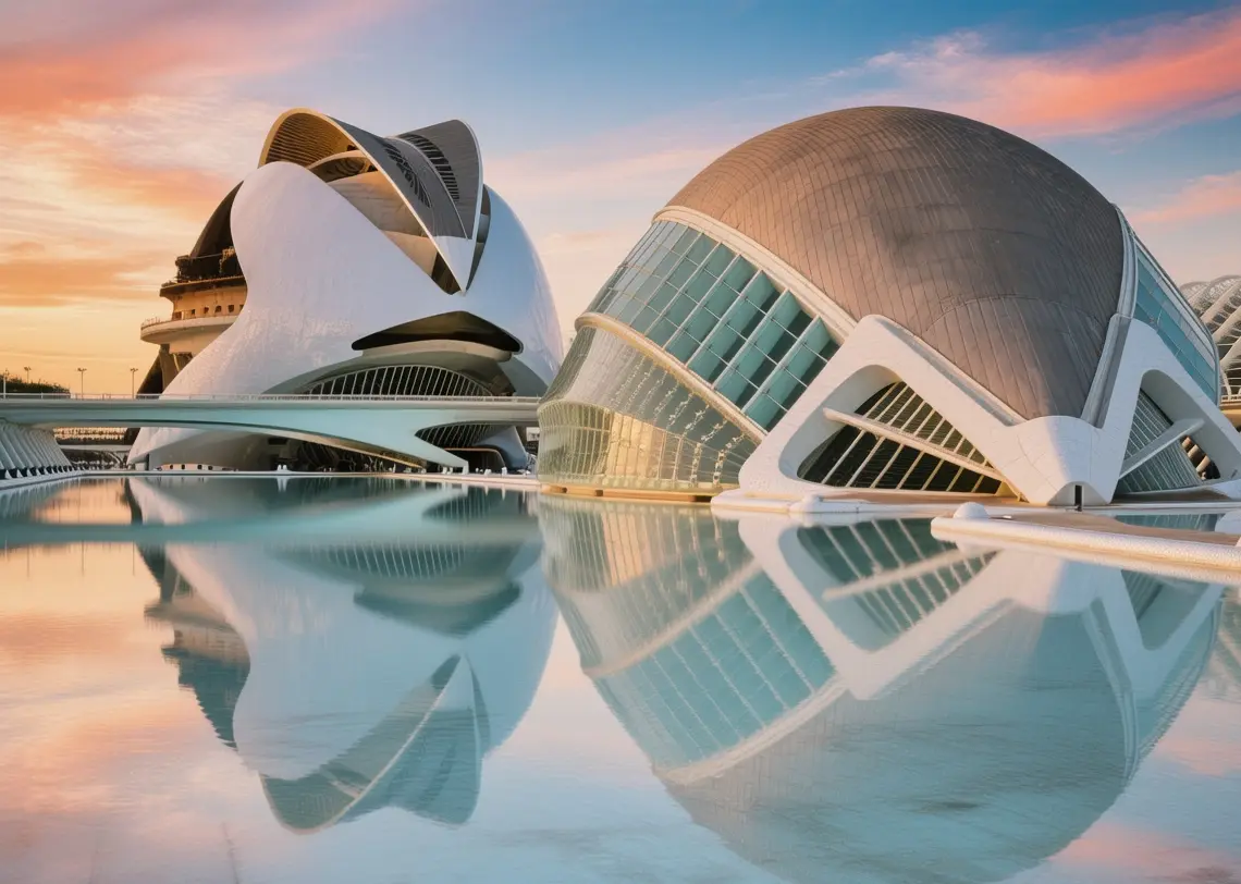 Valencia City of Arts and Sciences white futuristic buildings and reflecting pools bathed in warm Mediterranean sunset light