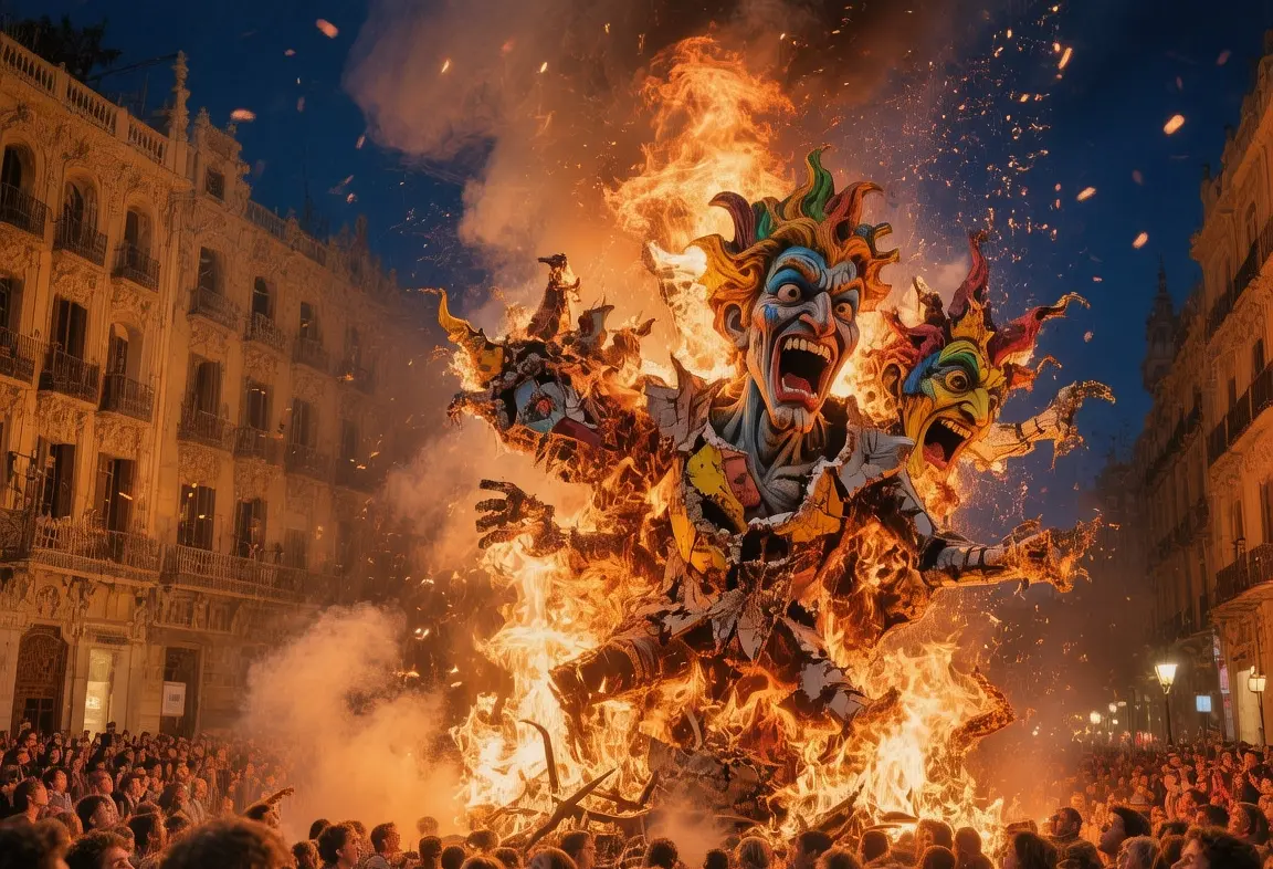Las Fallas festival burning ninots at night with crowds and fireworks bathed in orange firelight in Valencia