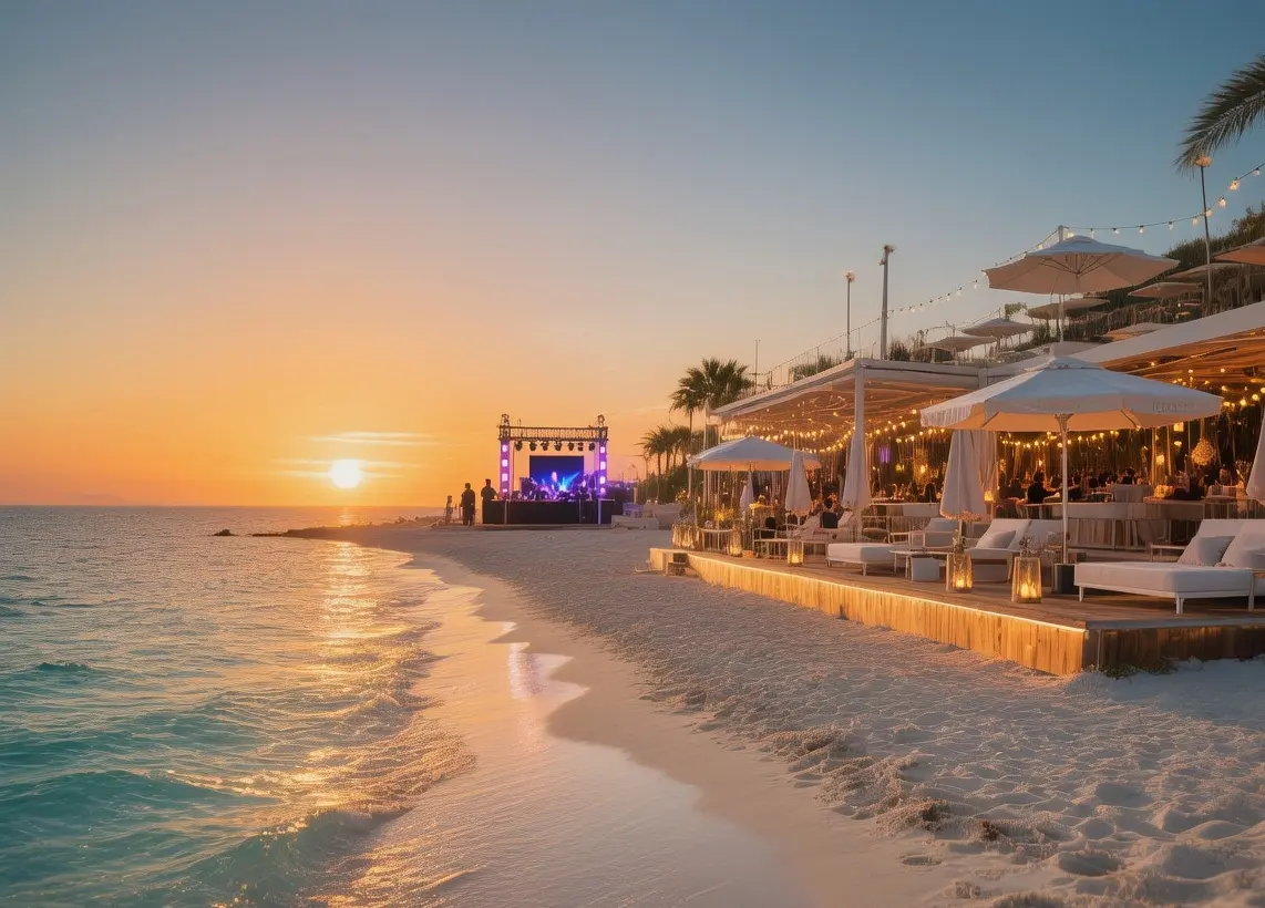 Ibiza beaches and nightlife sunset view with turquoise waters, beach clubs, and distant DJ booth bathed in golden Mediterranean light