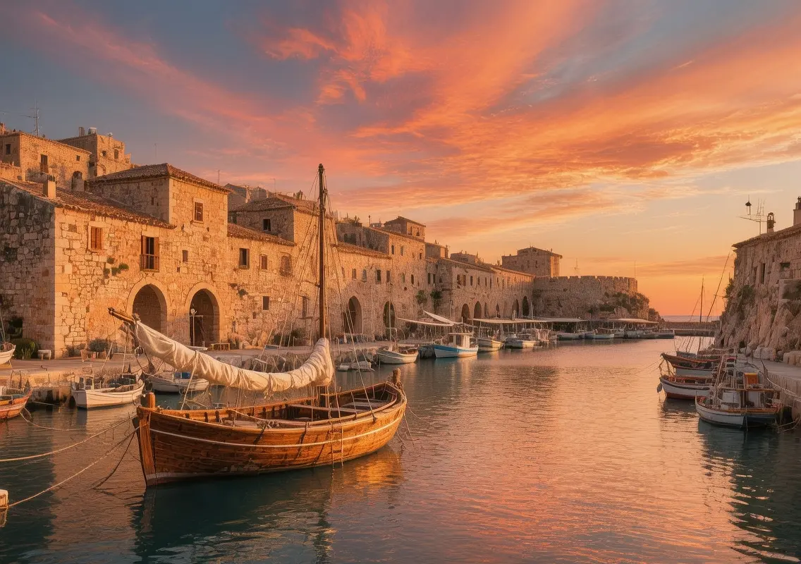 Ciutadella harbor historic stone buildings and boats bathed in warm Mediterranean sunset light