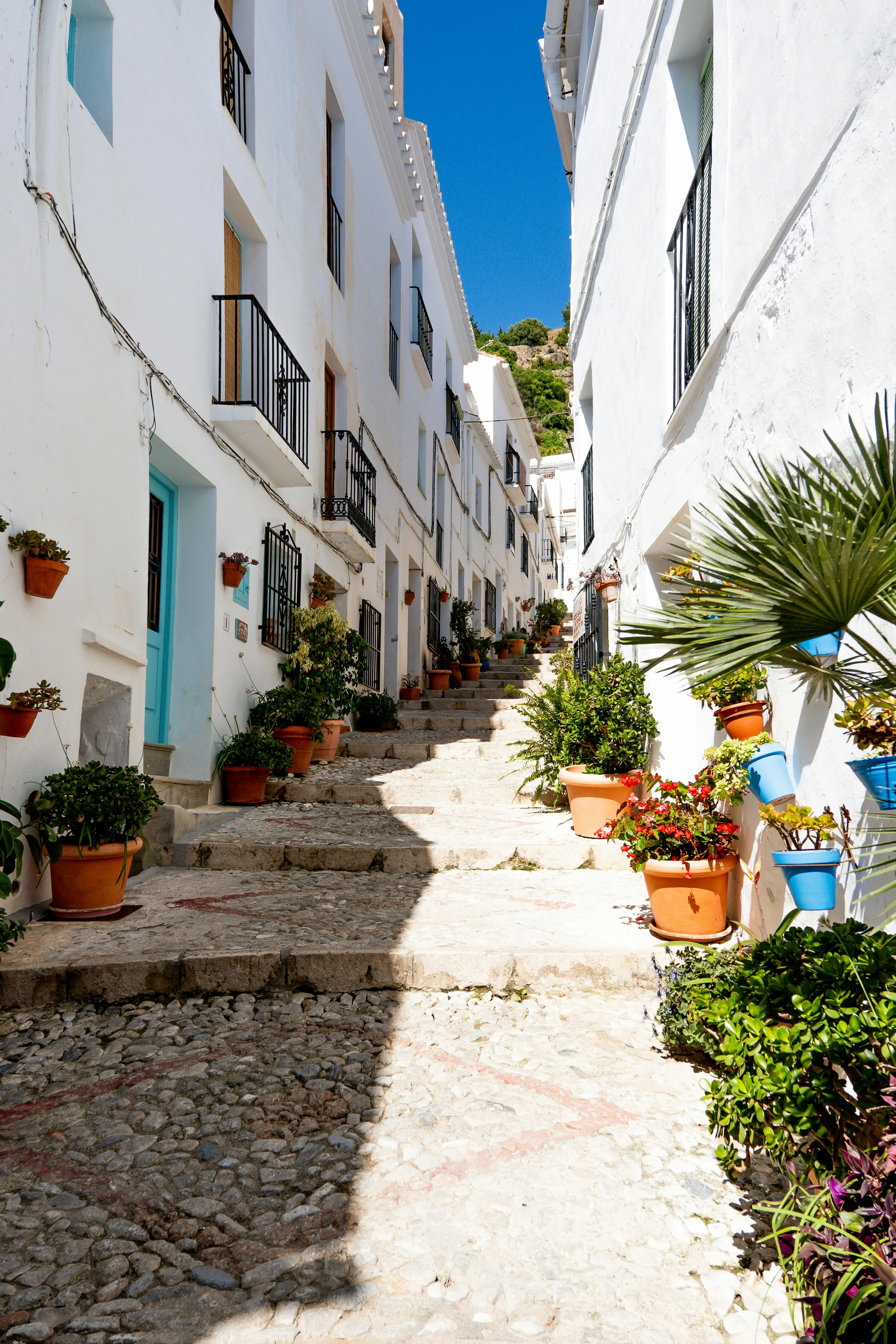 Frigiliana white village narrow cobblestone streets with flower pots and whitewashed houses bathed in warm Andalusian morning light
