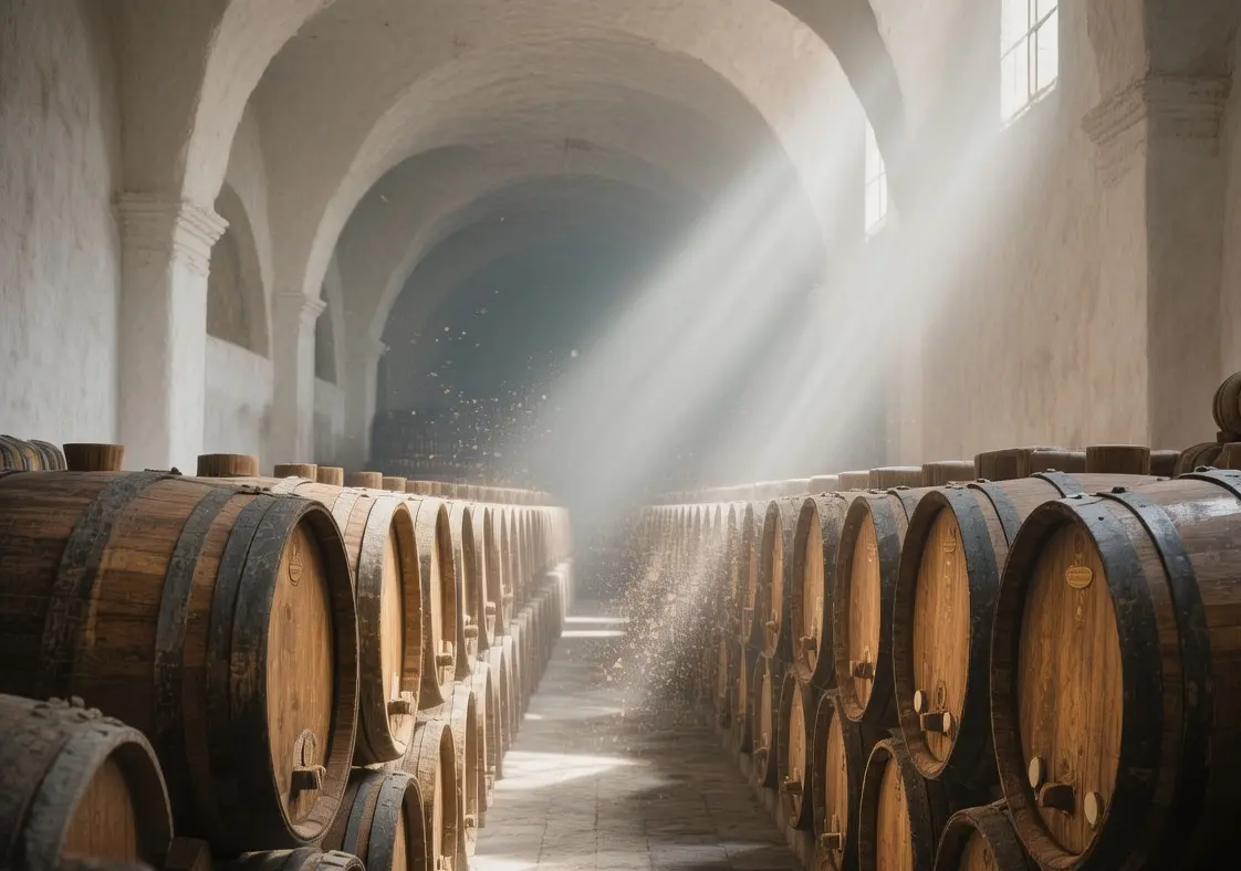 Jerez sherry bodegas interior with oak casks and barrels bathed in soft natural light filtering through high windows